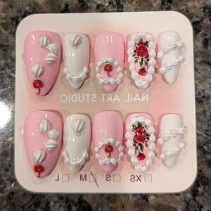 Pink and White Floral Press-On Nails